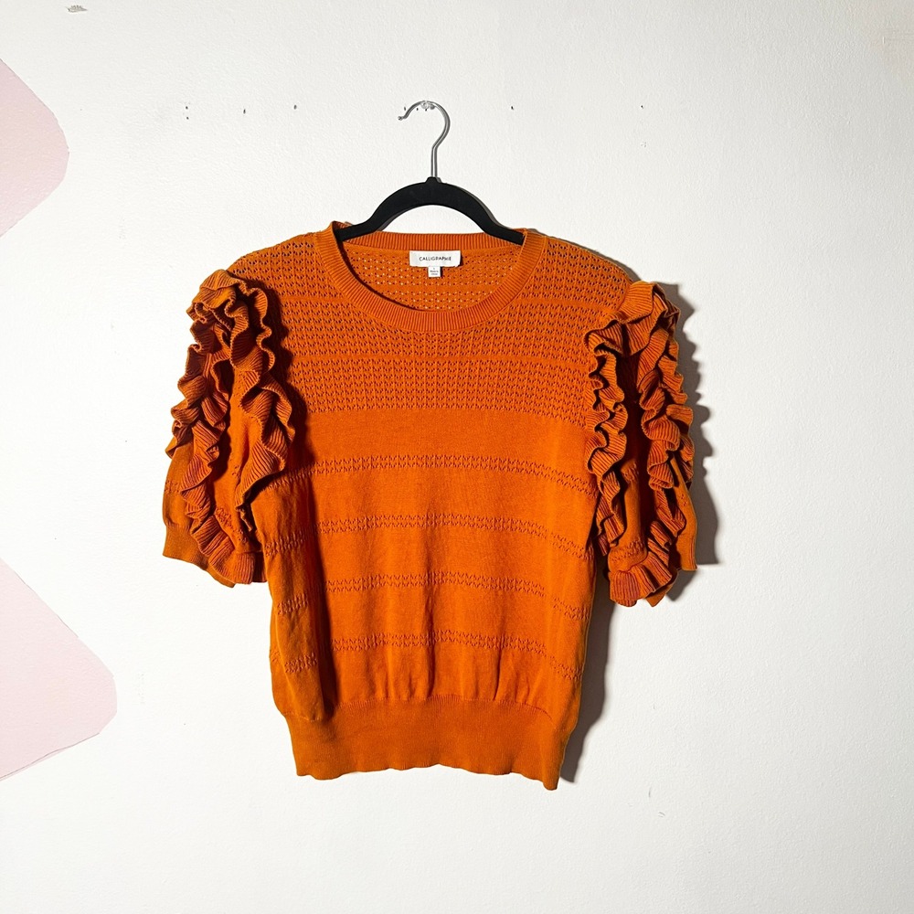Anthropologie Calligraphie Top Large Orange Ruffles Pointelle Knit Boho